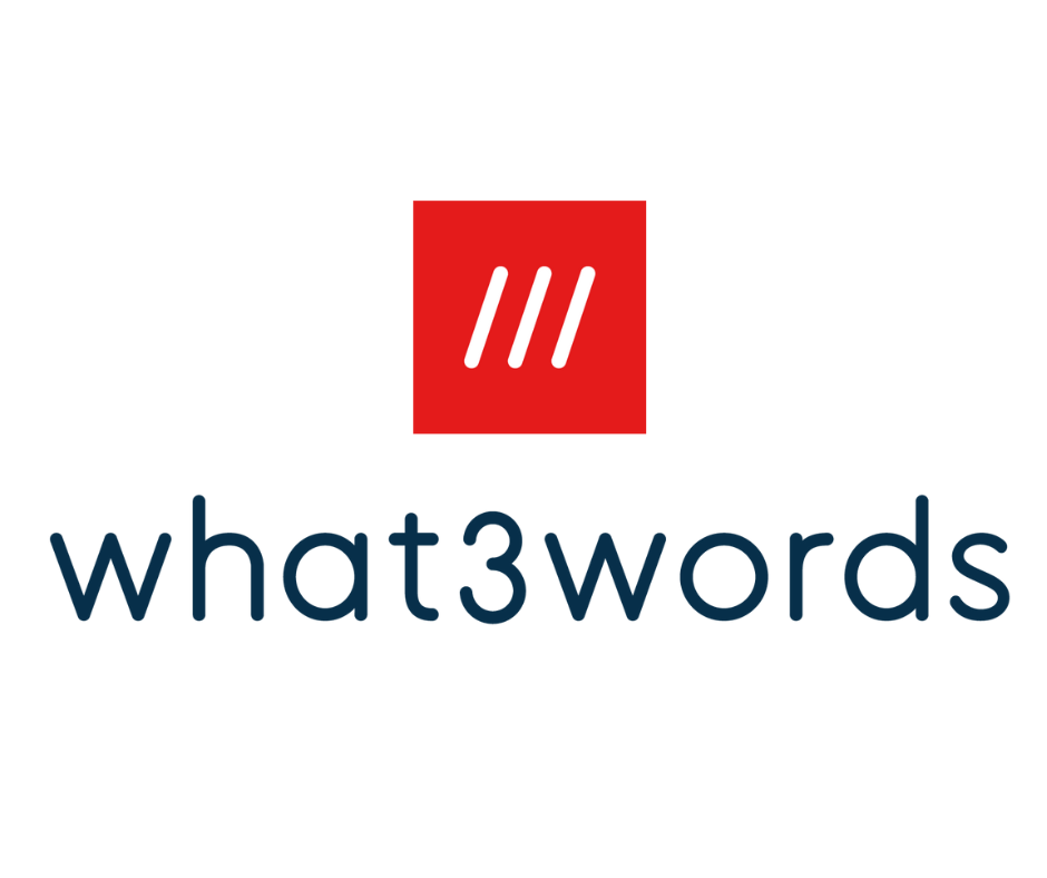 What3words logo, red box and blue text