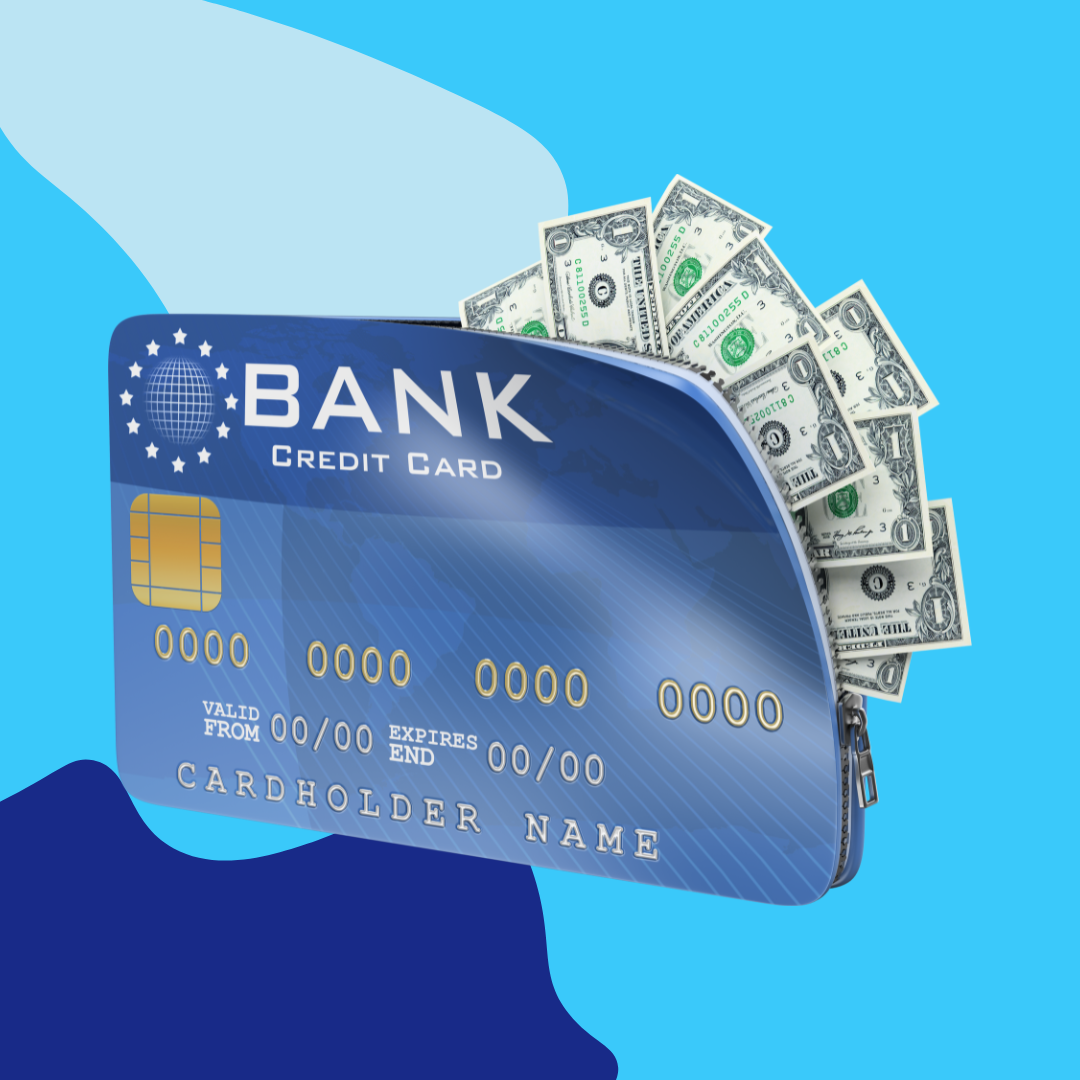 A picture of a credit card with lots of dollar bills.