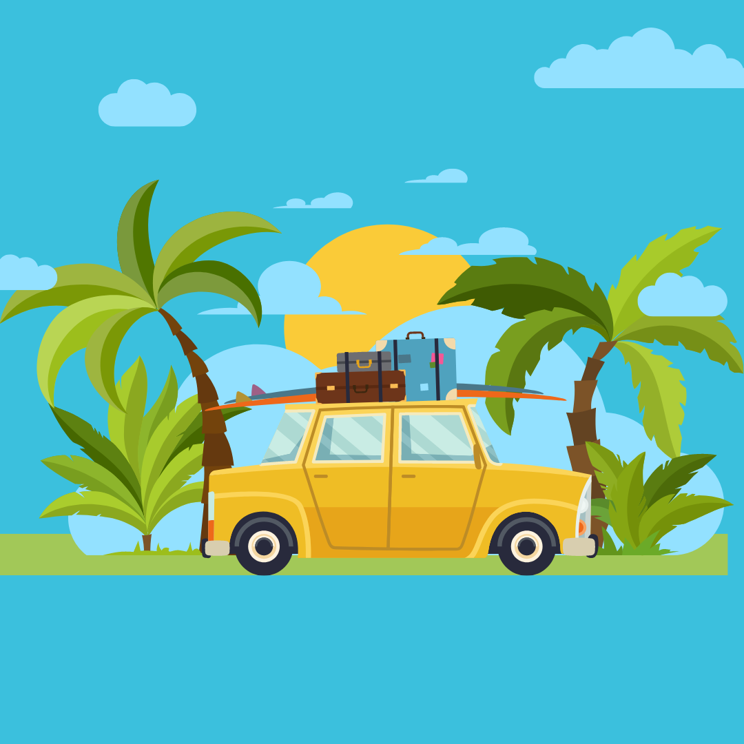 Animated picture of a car with palm trees and the sun.