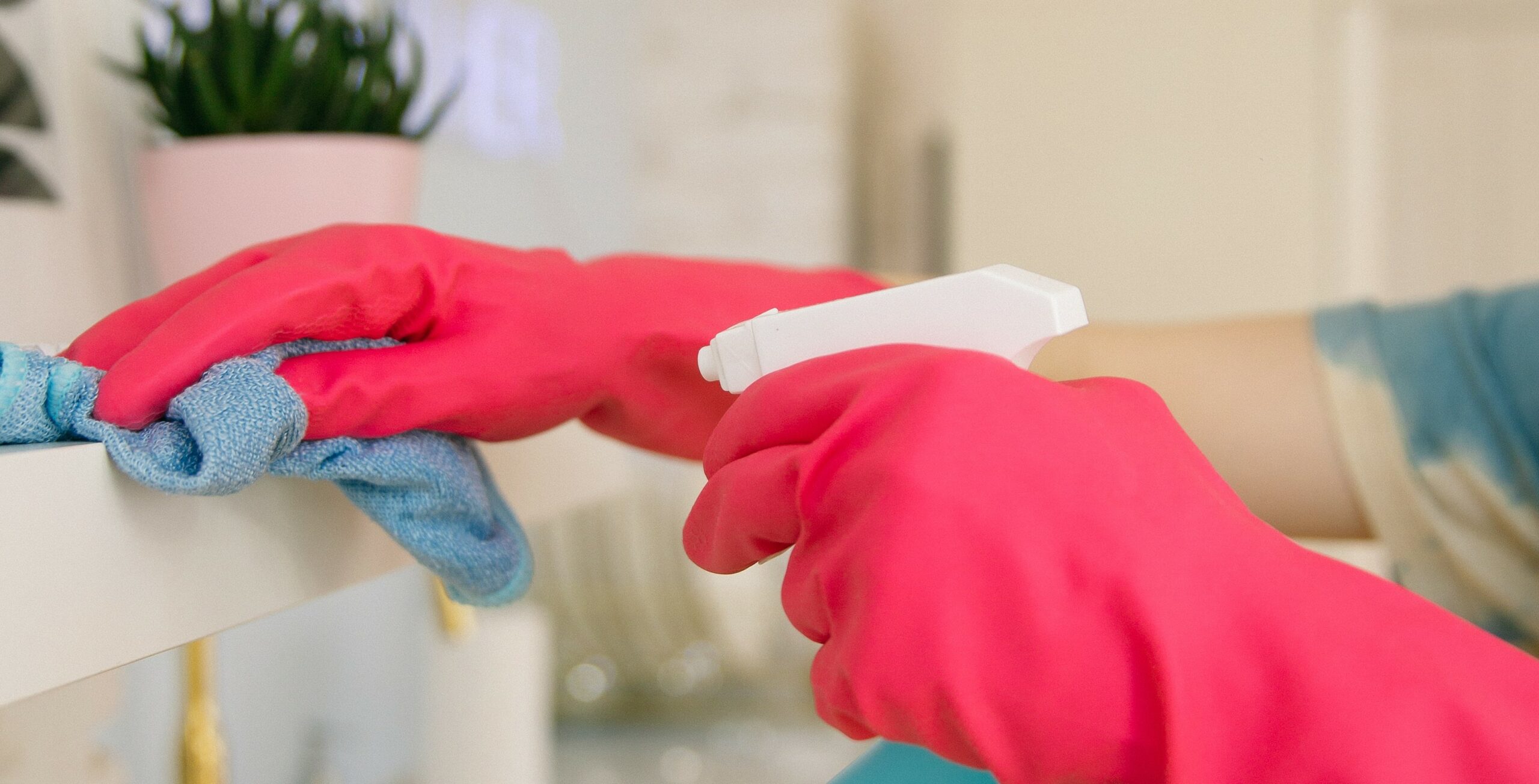 Hands in Washing Up Gloves cleaning a Shelf
