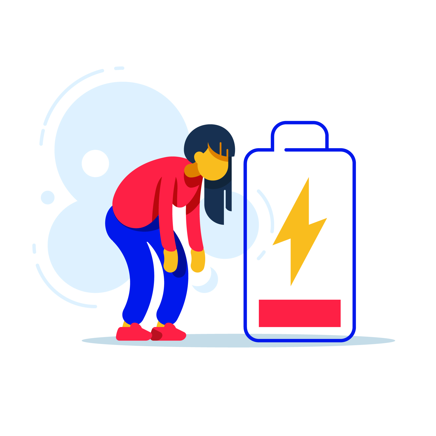 Cartoon illustration representing neuro fatigue, showing a person feeling mentally and physically exhausted.