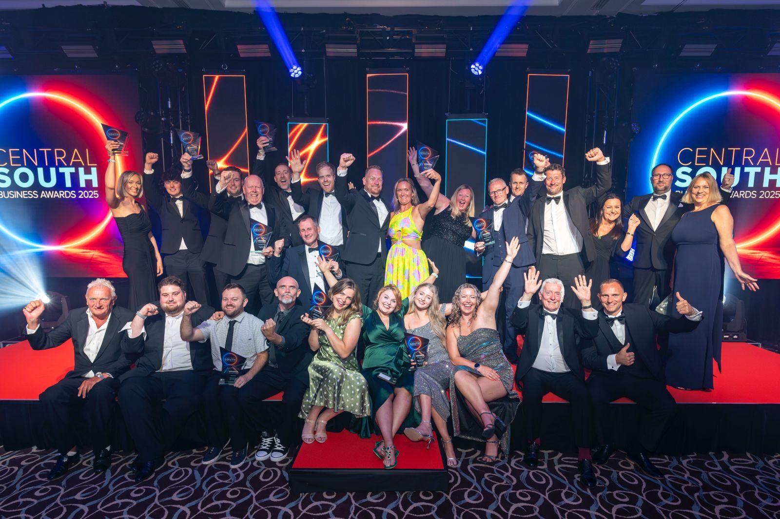 The winners of the Central south Business Awards 2025 photographed on the main stage at Leonardo Royal Hotel Southampton